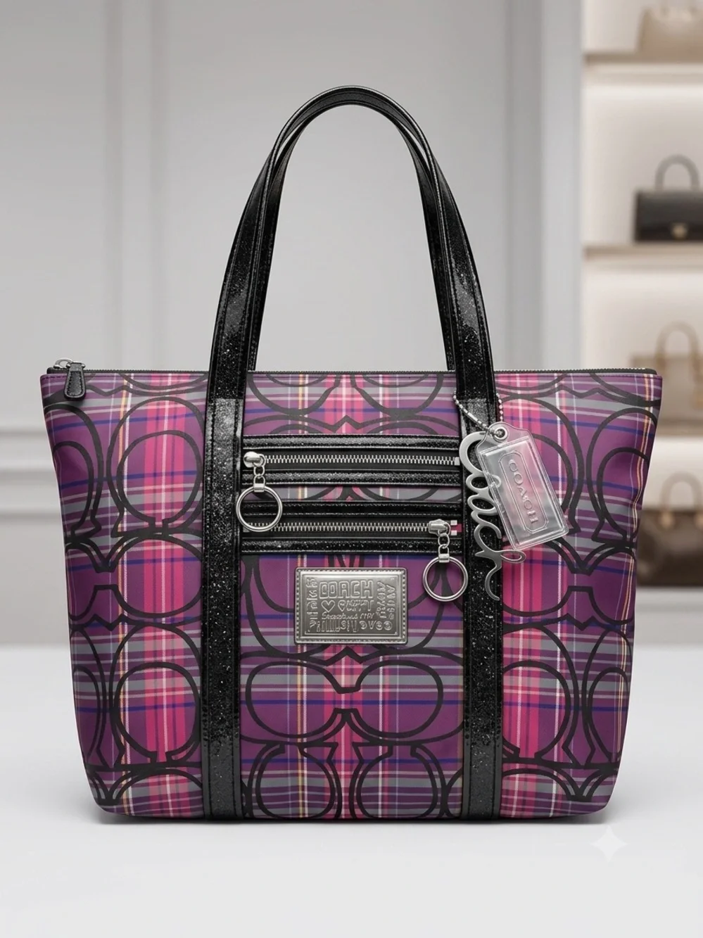 Coach Pink and Purple Signature Plaid Tote with Black Trim